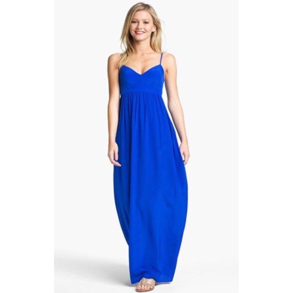 Amanda Uprichard Royal Blue 100% Silk Maxi Dress V-Neck Adjustable Straps L